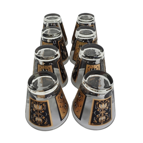 8 Vintage Dominion MCM Gold Black Low Ball Whiskey Glasses Rocks Barware - Picture 2 of 10